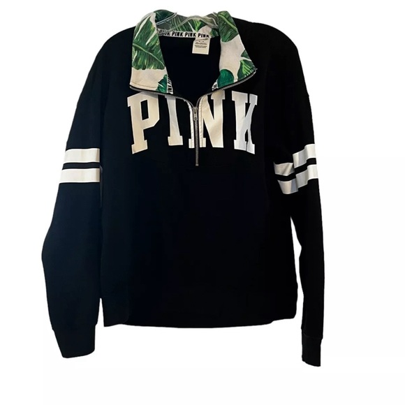 PINK Victoria's Secret Black 1/4 Zip Green  Floral Pullover Sweatshirt  M/M - Picture 1 of 4